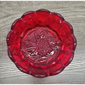 FENTON Red Ruby Glass Bowl Grapes & Leaves Fluted Scallop Rim 5.5" Glows EUC